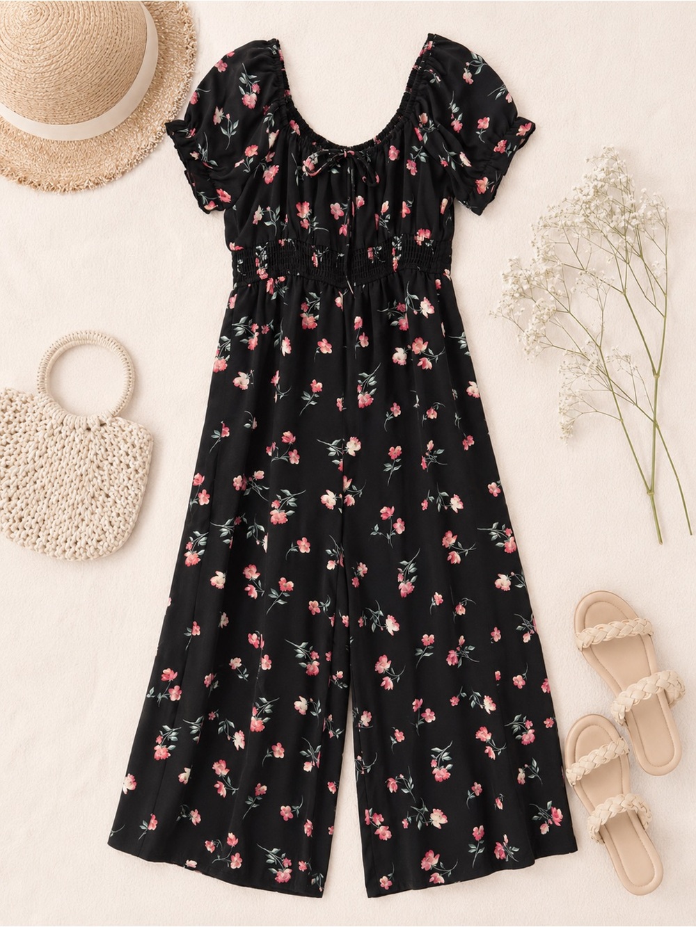 Arden B Black Floral Puff Sleeve Jumpsuit – Size Large